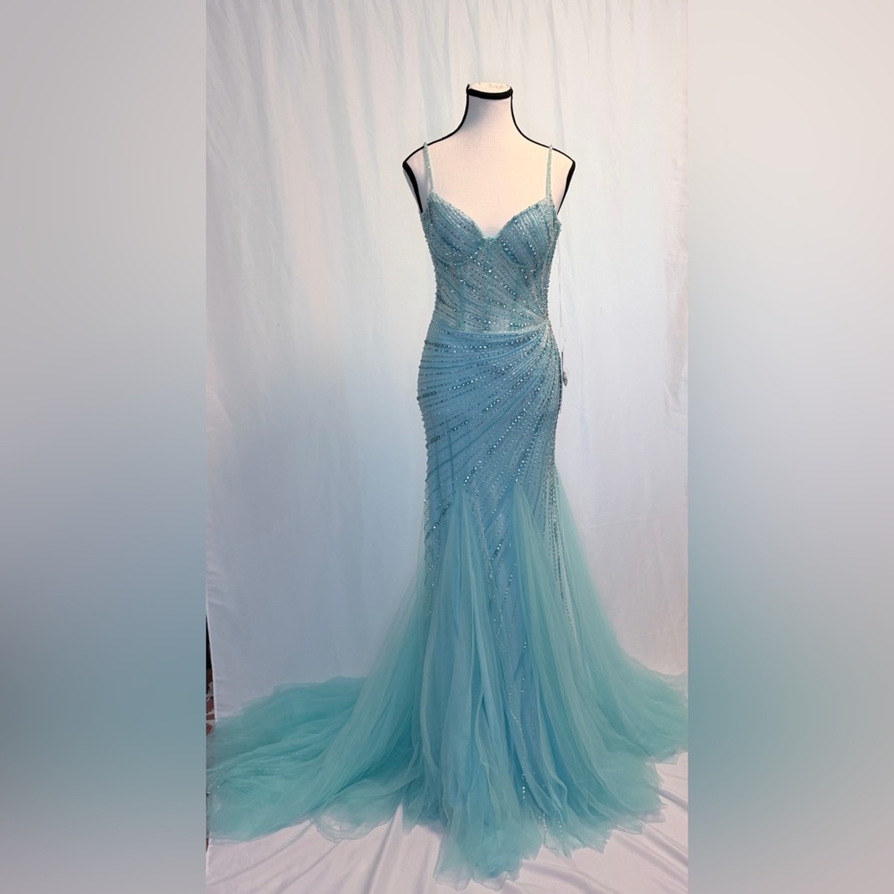NWT Jovani 37201A Light Turquoise Prom Pageant Gown Size 6 Beaded Corset Tulle